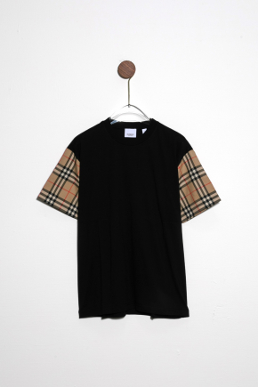 Vintage Check Sleeve Cotton Oversized T-Shirt